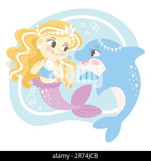 Süße blonde Meerjungfrau mit einem Freund Delfin. Isolierte Vektorgrafik im flachen Stil. Weißer Hintergrund. Für Druck, Design, Pos. Stock Vektor