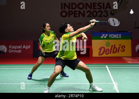 Jakarta, Indonesien. 13. Juni 2023. Indonesiens Adnan Maulana (R)/Nita Violina Marwah treten bei der ersten Runde der gemischten Doppel gegen Chinas Zheng Siwei/Huang Yaqiong bei der Indonesia Open 2023 in Jakarta, Indonesien, am 13. Juni 2023 an. Kredit: Xu Qin/Xinhua/Alamy Live News Stockfoto