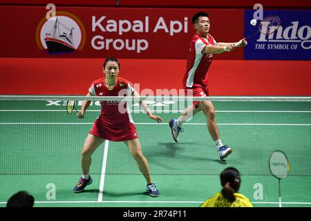 Jakarta, Indonesien. 13. Juni 2023. Chinas Zheng Siwei (R)/Huang Yaqiong konkurrieren während des gemischten Doppelspiels in der ersten Runde gegen Indonesiens Adnan Maulana/Nita Violina Marwah bei der Indonesia Open 2023 in Jakarta, Indonesien, am 13. Juni 2023. Kredit: Xu Qin/Xinhua/Alamy Live News Stockfoto