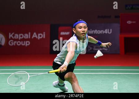 Jakarta, Indonesien. 13. Juni 2023. Tai Tzu Ying aus Chinesisch Taipeh kehrt während des ersten Frauenspiels gegen Han Yue aus China bei der Indonesia Open 2023 in Jakarta, Indonesien, am 13. Juni 2023 zurück. Kredit: Xu Qin/Xinhua/Alamy Live News Stockfoto