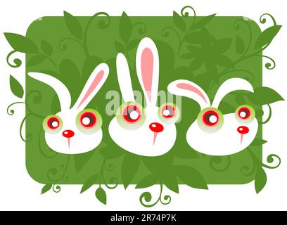 Drei Karikaturenkaninchen und Gras auf grünem Hintergrund. Stock Vektor