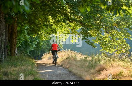 Attraktive Seniorin, die mit ihrem elektrischen Mountainbike im Stadtpark Stuttgart, Baden-Württemberg, fährt Stockfoto