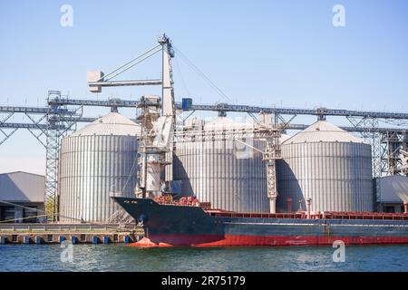 Getreidelager und Agro-Verarbeitungs- und Produktionsanlage für die Verarbeitung und Silbersilos für die Trocknung der Reinigung und Lagerung landwirtschaftlicher Produkte, Stockfoto