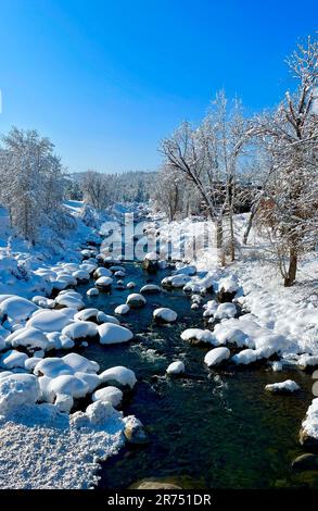 Eine vertikale Flusslinie, die im Winter durch eine verschneite Landschaft in Truckee, Kalifornien fließt Stockfoto