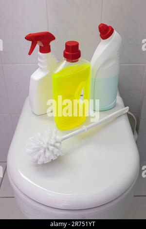 Toilettenreinigung, Toilettendeckel, verschiedene Toilettenreinigungsprodukte, Stockfoto