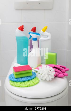 Toilettenreinigung, Toilettendeckel, verschiedene Toilettenreinigungsprodukte, Stockfoto
