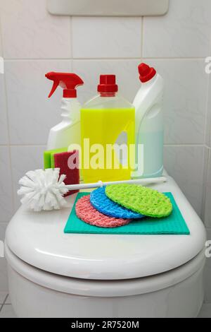 Toilettenreinigung, Toilettendeckel, verschiedene Toilettenreinigungsprodukte, Stockfoto