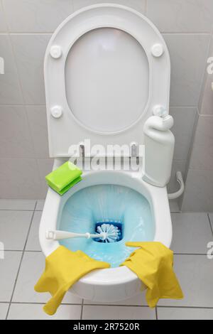 Toilette reinigen, flüssigen Toilettenreiniger einweichen lassen, Toilettenbürste, Stockfoto