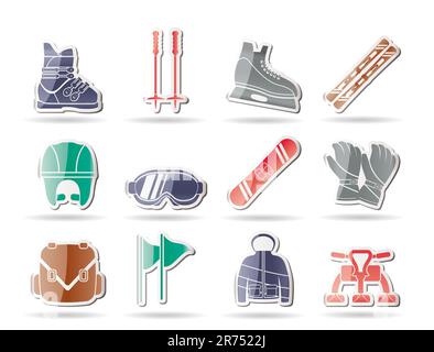 Ski- und Snowboardausrüstung Symbole - Vektor Icon Set Stock Vektor