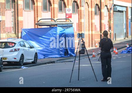 Hunters Road, Hockley, Birmingham 13. Juni 2023 - West Midlands Police on Hunters Road, nachdem ein 41-jähriger Mann an einer Bushaltestelle in Birmingham am Montagabend erstochen wurde. Ein Gerichtsmediziner wurde mit einem Scanner gesehen, um den Tatort in der Hockley-Gegend der Stadt zu kartografieren. Die Offiziere haben zwei Leute verhaftet. Die Sanitäter riefen gestern nach 8pm Uhr die Polizei zur Hunters Road in Hockley, aber trotz ihrer Bemühungen starb der 41-jährige Mann am Tatort. Seine Familie wurde informiert. Kredit: Stop Press Media/Alamy Live News Stockfoto