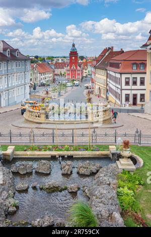 Gotha, Blick vom Schlossberg über den Wasserkunst am Hauptmarkt, Altes Rathaus in Thüringen Stockfoto