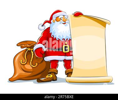 der weihnachtsmann steht auf und hält die Vektorgrafik des Scrollpapiers auf weißem Hintergrund isoliert Stock Vektor