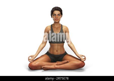 Weibchen in Lotusyogaposition oder Padmasana, Computerdarstellung. Stockfoto