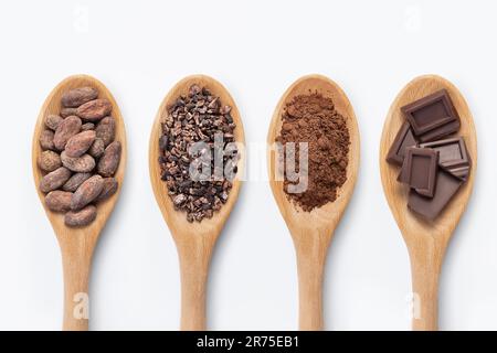 Schokoladenriegel, Kakaopulver, Kakaobohnen und Spitzen, Haufen in Holzlöffeln, Schokoladenhintergrund Stockfoto