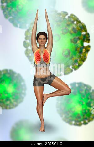 Weiblich in Yoga-Baum-Pose, oder Vrikshasana mit hervorgehobenen Lungen, umgeben von Viren, die ihr nicht schaden können, konzeptuelle Illustration. Respiratorischer Exer Stockfoto