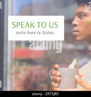 Zusammensetzung von "Rede mit uns"... wir sind hier, um Text und afroamerikanischen Mann zu hören Stockfoto