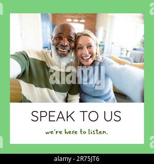 Komposition von "Rede mit uns" Wir sind hier, um dir Text und lächelndes, vielseitiges Paar anzuhören Stockfoto