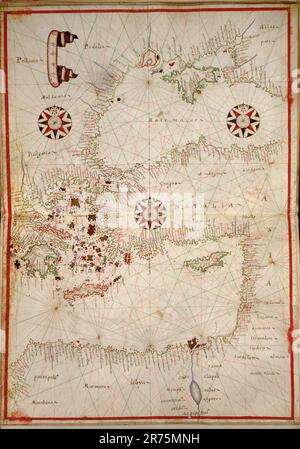 Portolanatlas des östlichen Mittelmeers Portolanatlas von Westeuropa und den Britischen Inseln 1590 - Stift und Tinte und Aquarell auf Velinpapier. Stockfoto