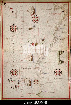 Portolanischer Atlas Westeuropas und der Britischen Inseln 1590 Stift-und-Tinte und Aquarell auf Velinpapier Stockfoto