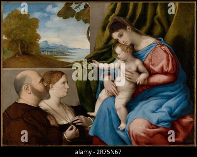 Madonna und Kind mit zwei Spendern; Lorenzo Lotto (Italienisch (Venezianisch), ca. 1480 - 1556); ca. 1525 - 1530; Öl auf Leinwand; Stockfoto