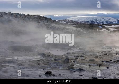 Winterblick auf das geothermische Feld Hverir bei Myvatn in Nordisland Stockfoto