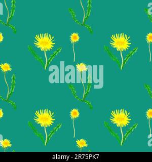 Gelber Löwenzahn, handgezeichnet - nahtloses Blumenmuster auf farbigem Hintergrund Stockfoto