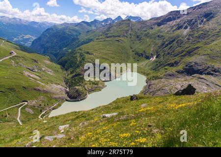 Margaritzen Reservoir mit Damm, von oben gesehen, Großglockner hohe Alpenstraße, Blumenwiesen Stockfoto