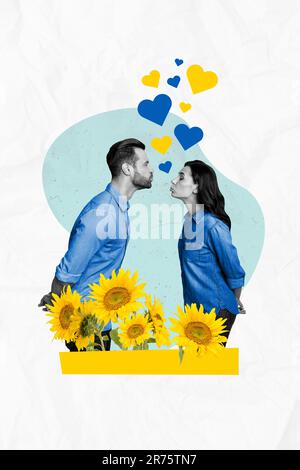 Vertikale Collage Bild von zwei schwarz-weißen Partnern küssen blaue gelbe ukrainische Herzen Sonnenblumen isoliert auf weißem Papierhintergrund Stockfoto