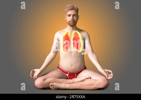 Atemregulation und Atmung beim Yoga, Computerdarstellung. Anatomie der Lotus-Yoga-Position oder Padmasana. Erholung und Prävention von Covid-19 Stockfoto