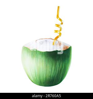 Aquarelle Darstellung einer grünen Kokosnuss mit gelber Tube für Getränke. Strandcocktail mit Strohhalm für Cocktail isoliert auf weißem Hintergrund. Für Designe Stockfoto