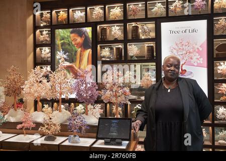 Ein Mitarbeiter im Karma & Luck Store, einer „spirituell-orientierten modernen Lifestyle-Marke“ auf der Ebene der Halle der Grand Central Station in Midtown Manhattan. Stockfoto