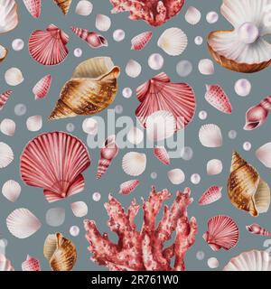 Wasserfarbenes, nahtloses Muster mit Korallen, Muscheln und Perlen. Sie malen mit der Hand unter Wasser lebendige Objekte auf einem weißen, isolierten Hintergrund. Für Designer Stockfoto