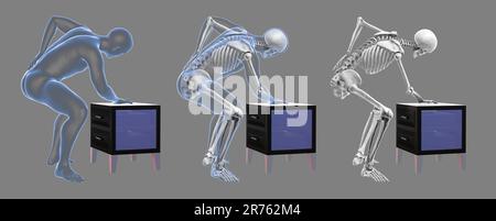 Rückenschmerzen. Konzeptionelles Computerbild eines menschlichen Körpers mit hervorgehobenem Skelett, das eine Hand am unteren Rücken hält. Schmerzen im unteren Rücken, genannt Lumbago, sind Stockfoto