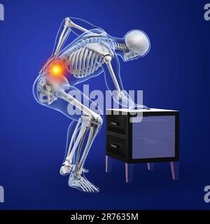 Rückenschmerzen. Konzeptionelles Computerbild eines menschlichen Körpers mit hervorgehobenem Skelett, das eine Hand am unteren Rücken hält. Schmerzen im unteren Rücken, genannt Lumbago, sind Stockfoto