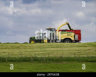 John Deere 6155R-Traktor, Heuwerk auf landschaftlich reizvollen Weidefeldern (Befüllen von gezogenen Wagen, Mähen von Grassilage, Fahren von Landwirten) – England, Großbritannien. Stockfoto