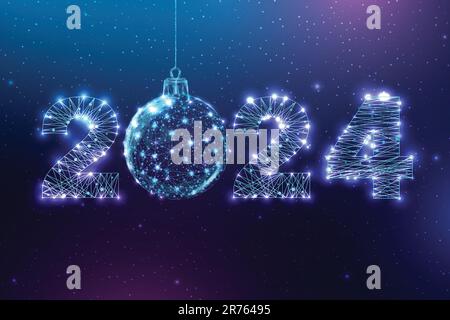 Frohe Neujahrskarte 2024. Flaches Polyesterdesign. Zahlen aus einem vieleckigen Drahtmodellnetz. Abstrakte Vektordarstellung auf dunklem Hintergrund. Stock Vektor