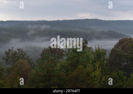 Blick von einer Hütte Veranda, beobachten Sie den Nebel, der aus den Tälern und dem Buffalo River in den Arkansas Bergen aufgeht. Stockfoto