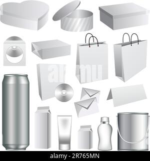 Leere Dummies Collection für Verpackungsvorlagen. Set aus weißem Papier und Schreibwaren. Stock Vektor