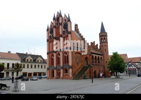 Das mittelalterliche Rathaus in Tangermunde hat Störche auf dem Dach Stockfoto