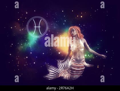 Fantasy-Sternenraum und Meerjungfrau-Mädchen, Pisces-Zodiac-Zeichen, 3D-Abbildung. Stockfoto