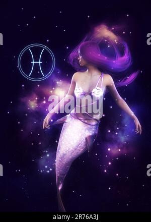 Fantasy-Sternenraum und Meerjungfrau-Mädchen, Pisces-Zodiac-Zeichen, 3D-Abbildung. Stockfoto