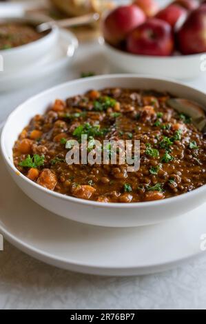 Eintopf mit braunen Linsen, Rindfleisch, Karotten, Tomaten, Speck, Zwiebeln, Knoblauch und Kräuter auf einem Teller Stockfoto