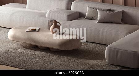 Moderne unkonventionelle Inneneinrichtung mit großem modularen Sofa, Buch und Steintisch. 3D-Rendering. Hochwertige 3D-Abbildung Stockfoto