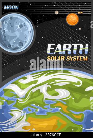Vektorposter für die Erde, vertikales Banner mit Abbildung eines rotierenden Satellitenmonds um den Cartoon Erde Planet auf schwarzem Sternenhintergrund, de Stock Vektor