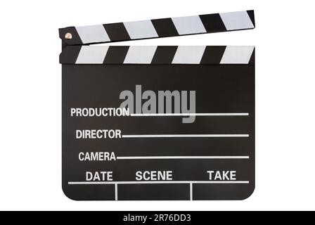 Filmklapper offen, isolierter weißer Hintergrund Stockfoto