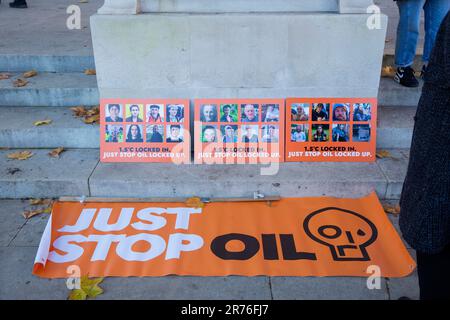 Die Teilnehmer versammeln sich zu einer Just Stop Oil Rallye am Parliament Square im Zentrum von London. Stockfoto