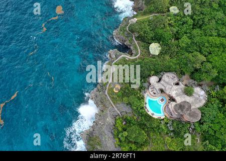 Ein luxuriöser Außenpool mit grüner Vegetation, Bäumen und Felsen aus der Vogelperspektive Stockfoto