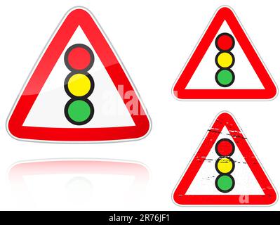 Gruppe von Varianten ein Verkehrsampelkontrollschild isoliert auf weißem Hintergrund. Als Fischaugen-, einfache und Grunge-Symbole für dein Design. Vect... Stock Vektor