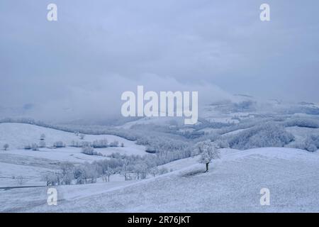 Schneesturm in den Bergen. Schneebedeckte Hügel, Berge, Natur, Horizont. Natürlicher Hintergrund. Appennino Tosco-emiliano Stockfoto