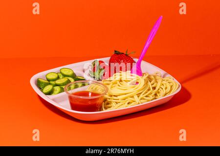 Vorderansicht mit Spaghetti mit Gabel-Tomaten-Sauce, Gurkenscheiben und leckeren frischen Erdbeeren, serviert zum Schulessen auf einem Tisch mit roter Oberseite Stockfoto